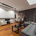 Modern home theater with large projector screen